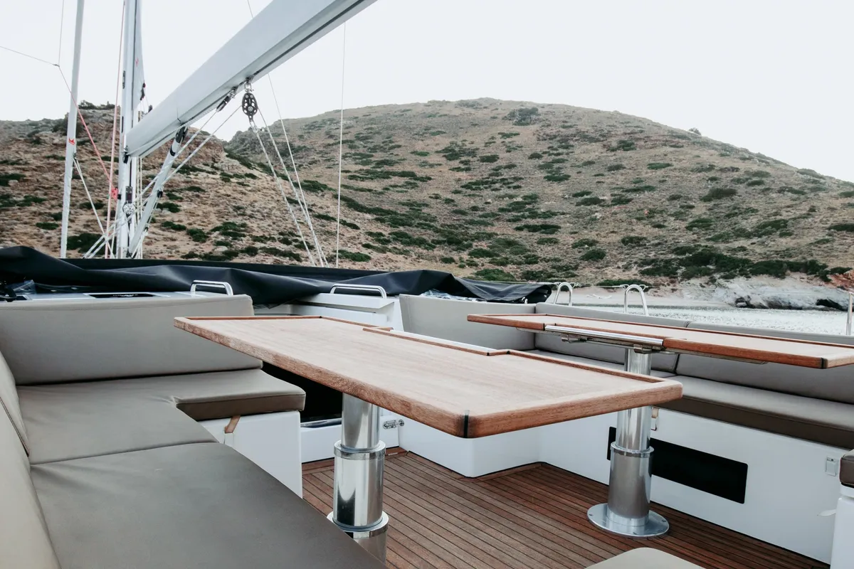 Deck of Elli, a Bavaria C57 sailboat at Athens, Greece