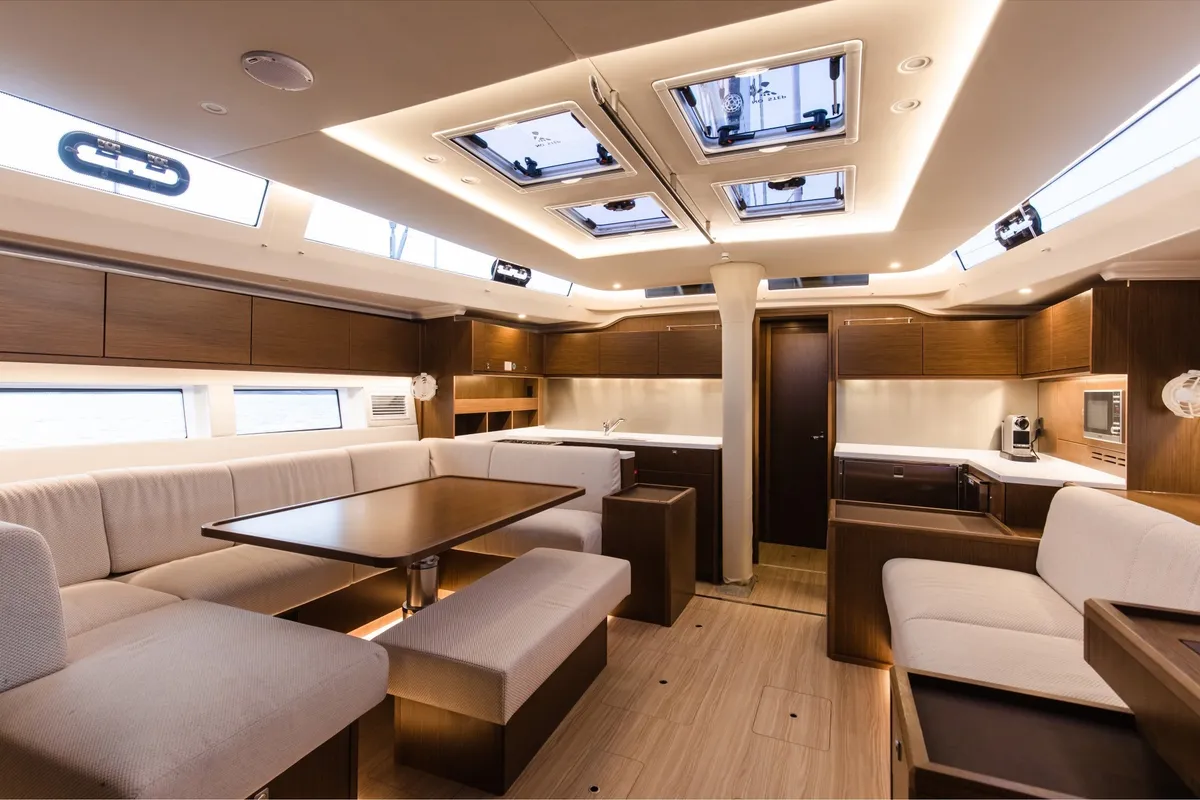 Salon of Elli, a Bavaria C57 sailboat at Athens, Greece