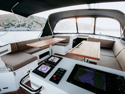 Cockpit of Elli, a Bavaria C57 sailboat at Athens, Greece