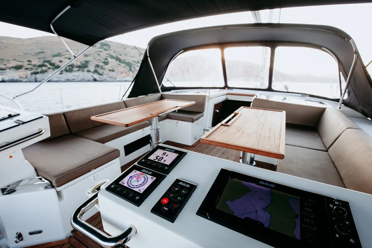 Cockpit of Elli, a Bavaria C57 sailboat at Athens, Greece