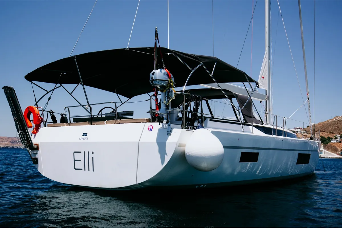 Exterior view of Elli, a Bavaria C57 sailboat at Athens, Greece