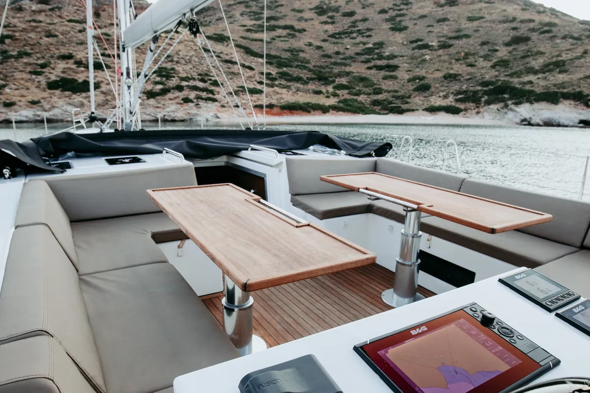 Cockpit of Elli, a Bavaria C57 sailboat at Athens, Greece