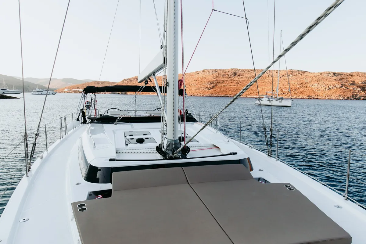 Deck of Elli, a Bavaria C57 sailboat at Athens, Greece