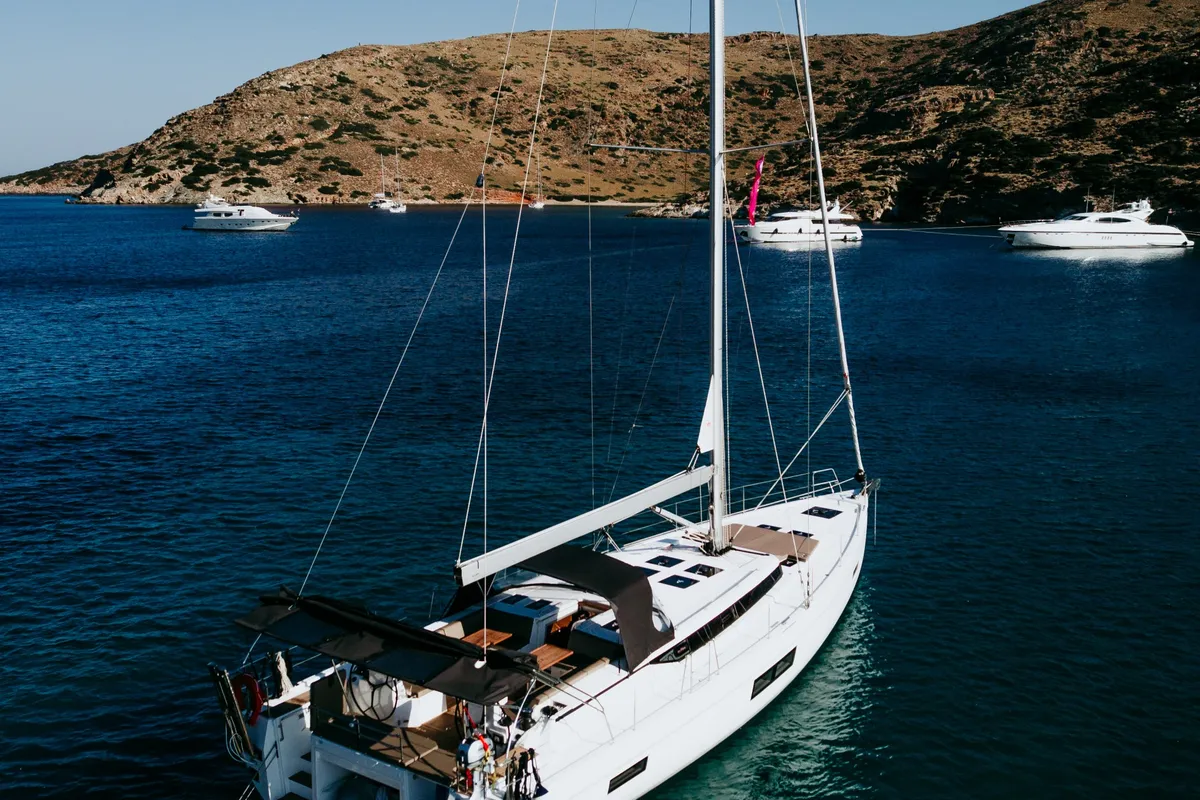Exterior view of Elli, a Bavaria C57 sailboat at Athens, Greece
