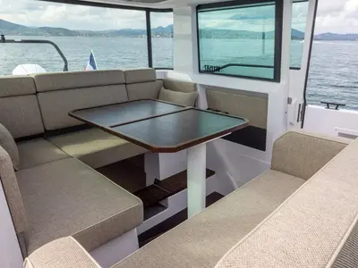 Salon of AMA, a Axopar 37 XC Cross Cabin motorboat at Pylos, Greece