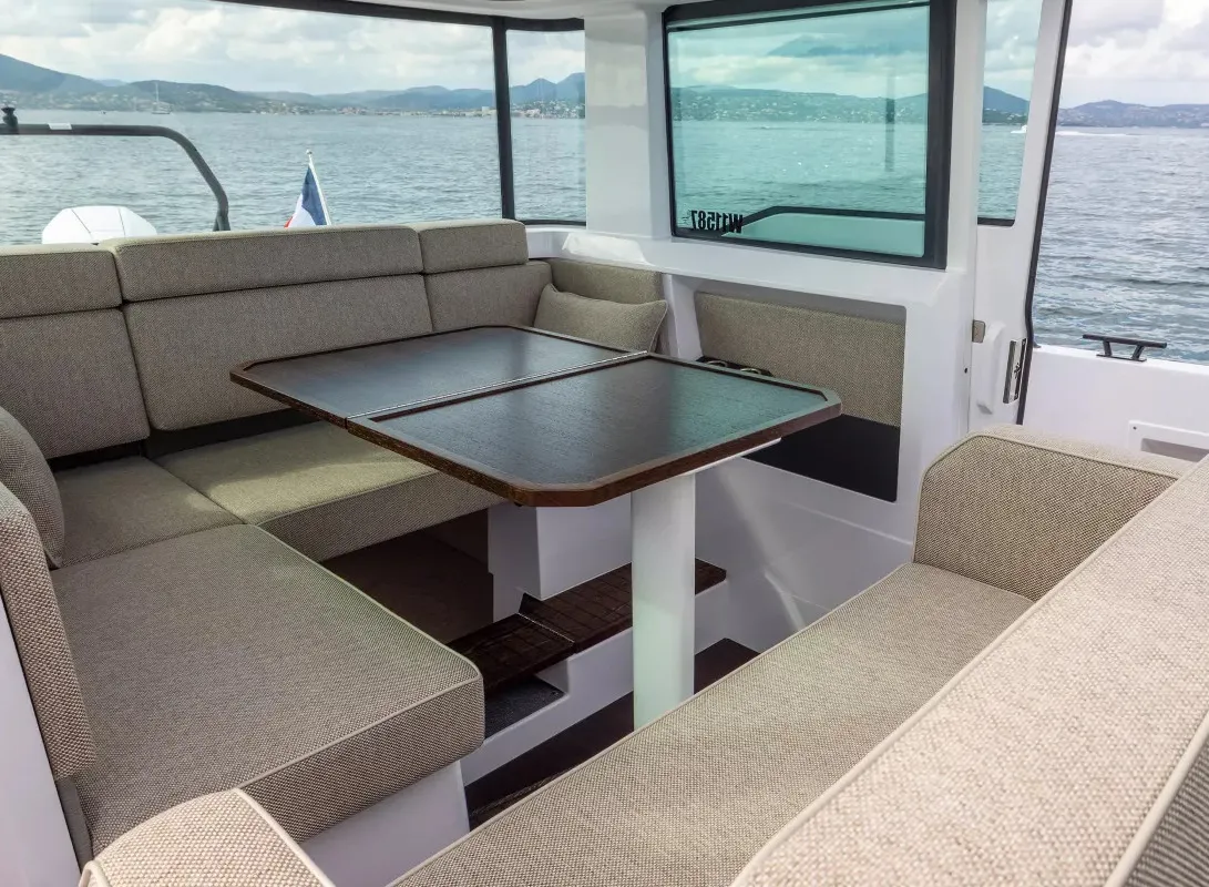 Salon of AMA, a Axopar 37 XC Cross Cabin motorboat at Pylos, Greece