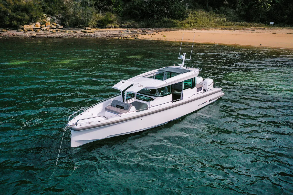 Exterior view of AMA, a Axopar 37 XC Cross Cabin motorboat at Pylos, Greece