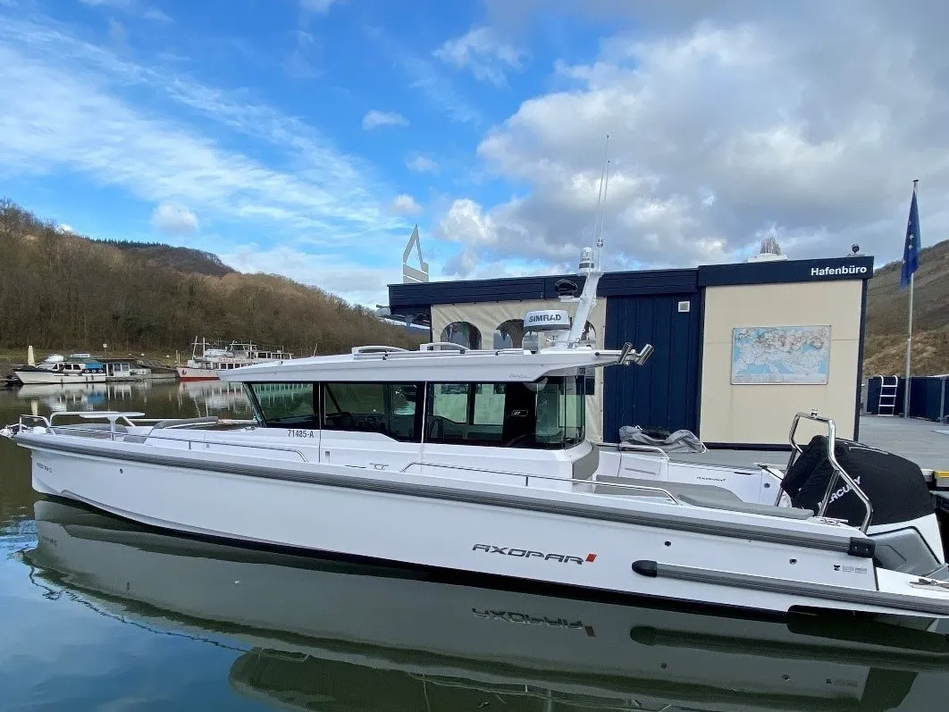 Exterior view of AMA, a Axopar 37 XC Cross Cabin motorboat at Pylos, Greece