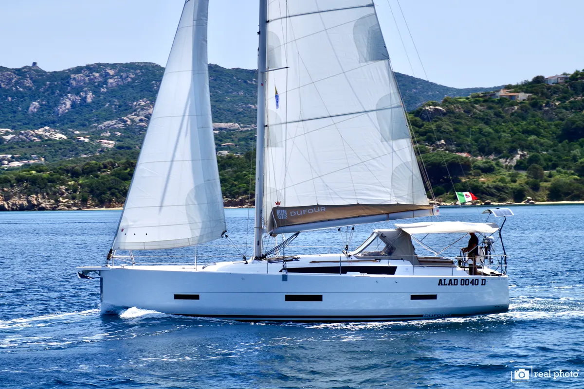 Exterior view of Noah - Water maker, Solar Panel, a Dufour 430 sailboat at Cannigione, Italy