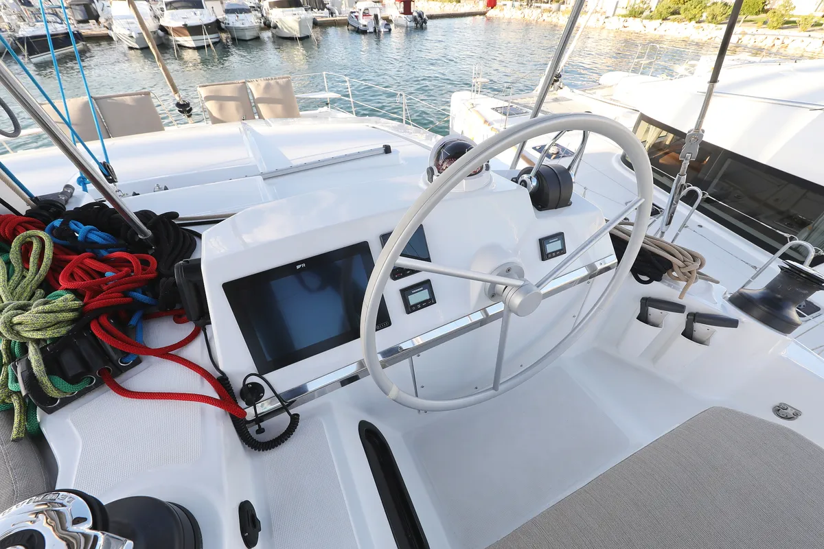 Cockpit of Air Space, a Bali 4.2 catamaran at Grad Vodice, Croatia