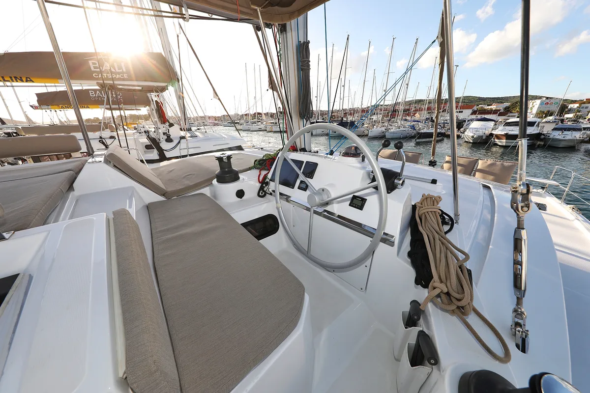 Cockpit of Air Space, a Bali 4.2 catamaran at Grad Vodice, Croatia