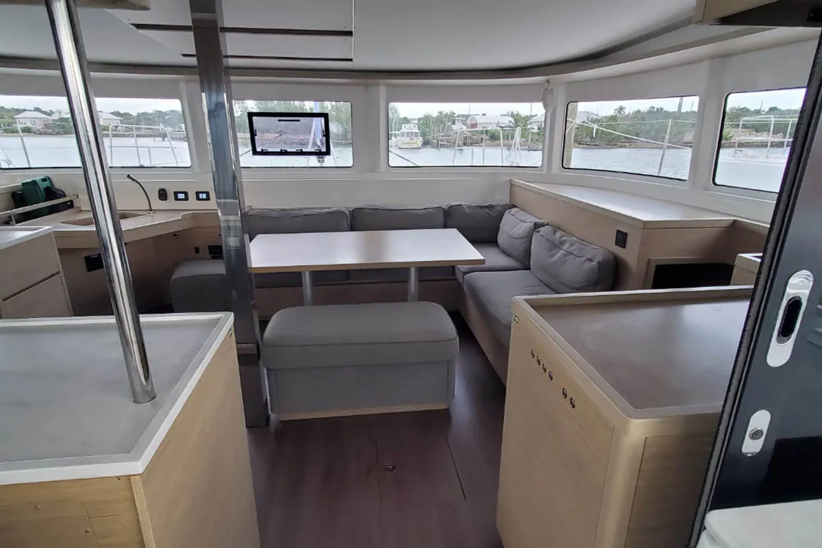 Salon of Sir Jax, a Lagoon 46 catamaran at Central Abaco, Bahamas