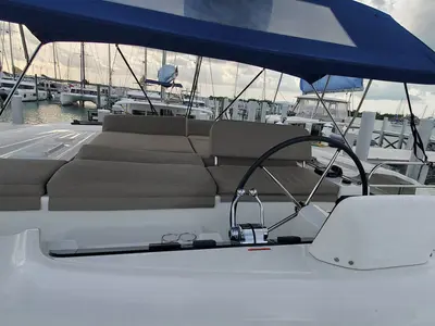 Cockpit of Sir Jax, a Lagoon 46 catamaran at Central Abaco, Bahamas