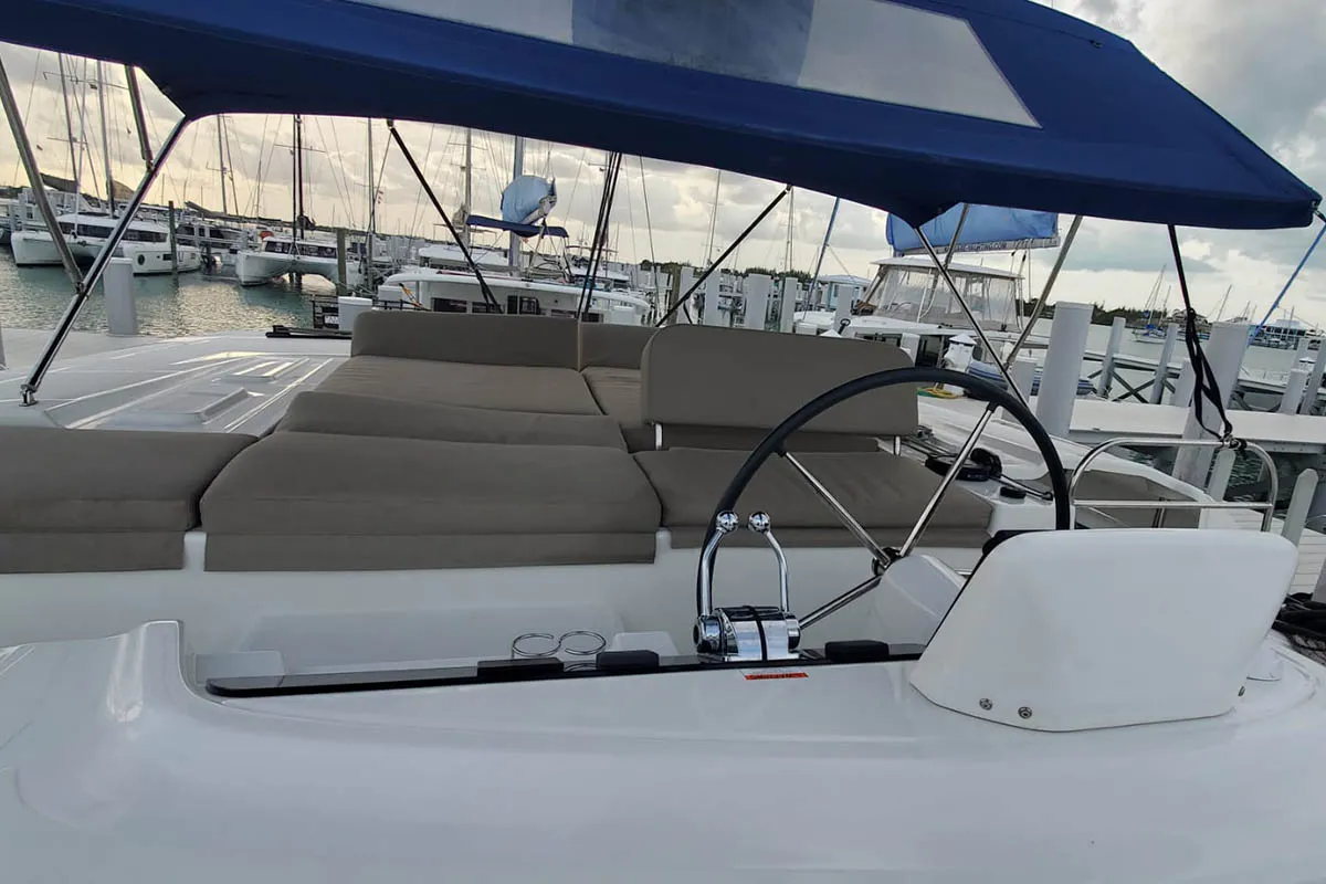 Cockpit of Sir Jax, a Lagoon 46 catamaran at Central Abaco, Bahamas