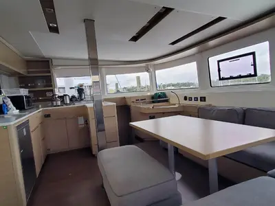 Salon of Sir Jax, a Lagoon 46 catamaran at Central Abaco, Bahamas