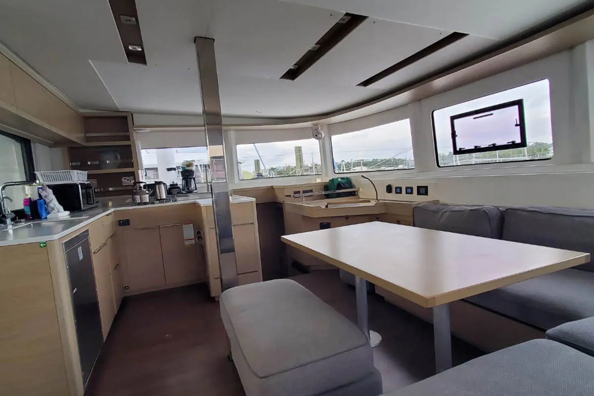 Salon of Sir Jax, a Lagoon 46 catamaran at Central Abaco, Bahamas