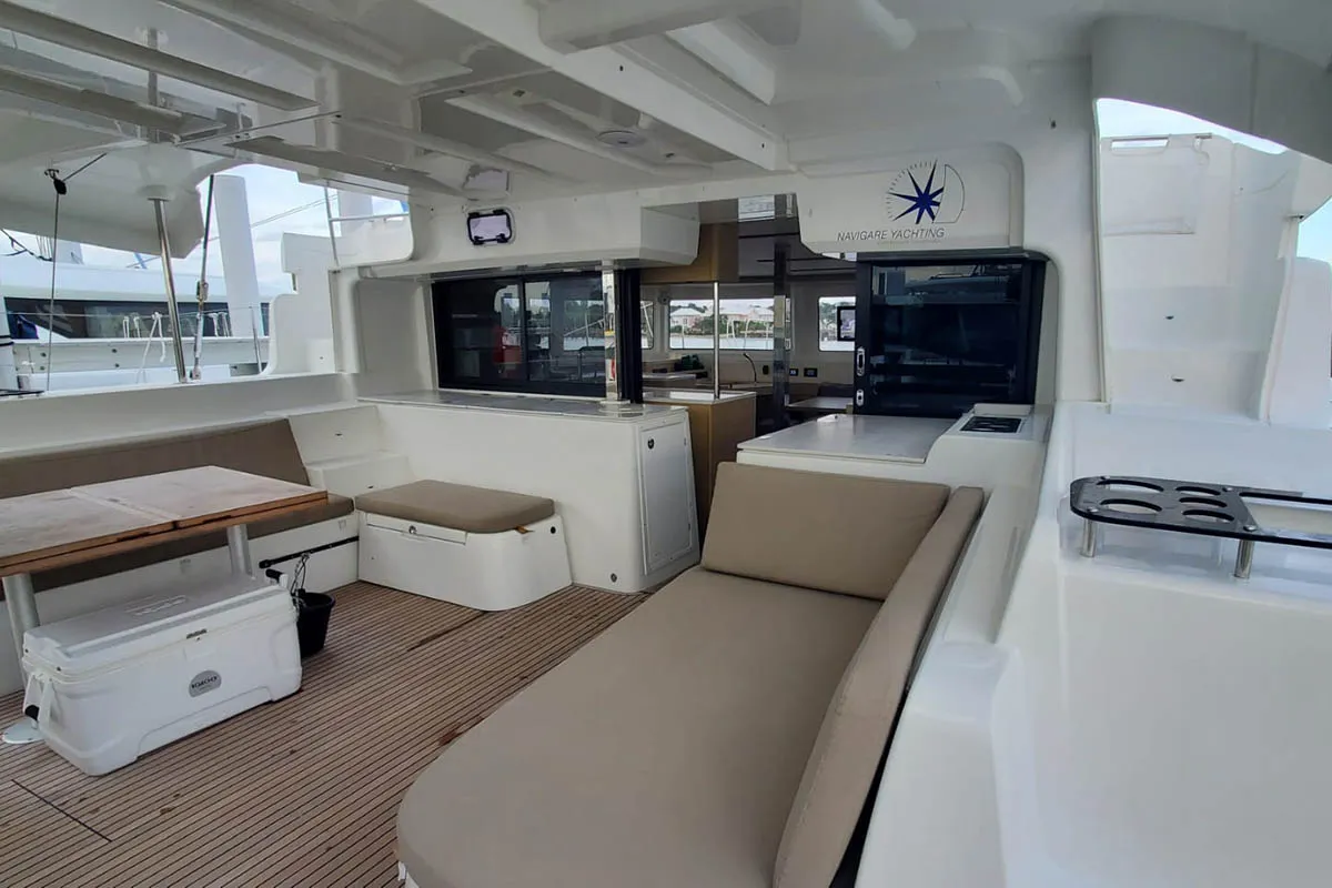 Deck of Sir Jax, a Lagoon 46 catamaran at Central Abaco, Bahamas
