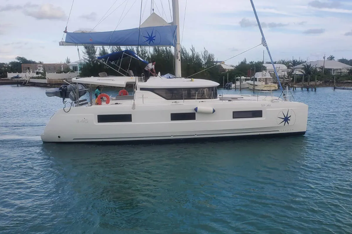 Exterior view of Sir Jax, a Lagoon 46 catamaran at Central Abaco, Bahamas