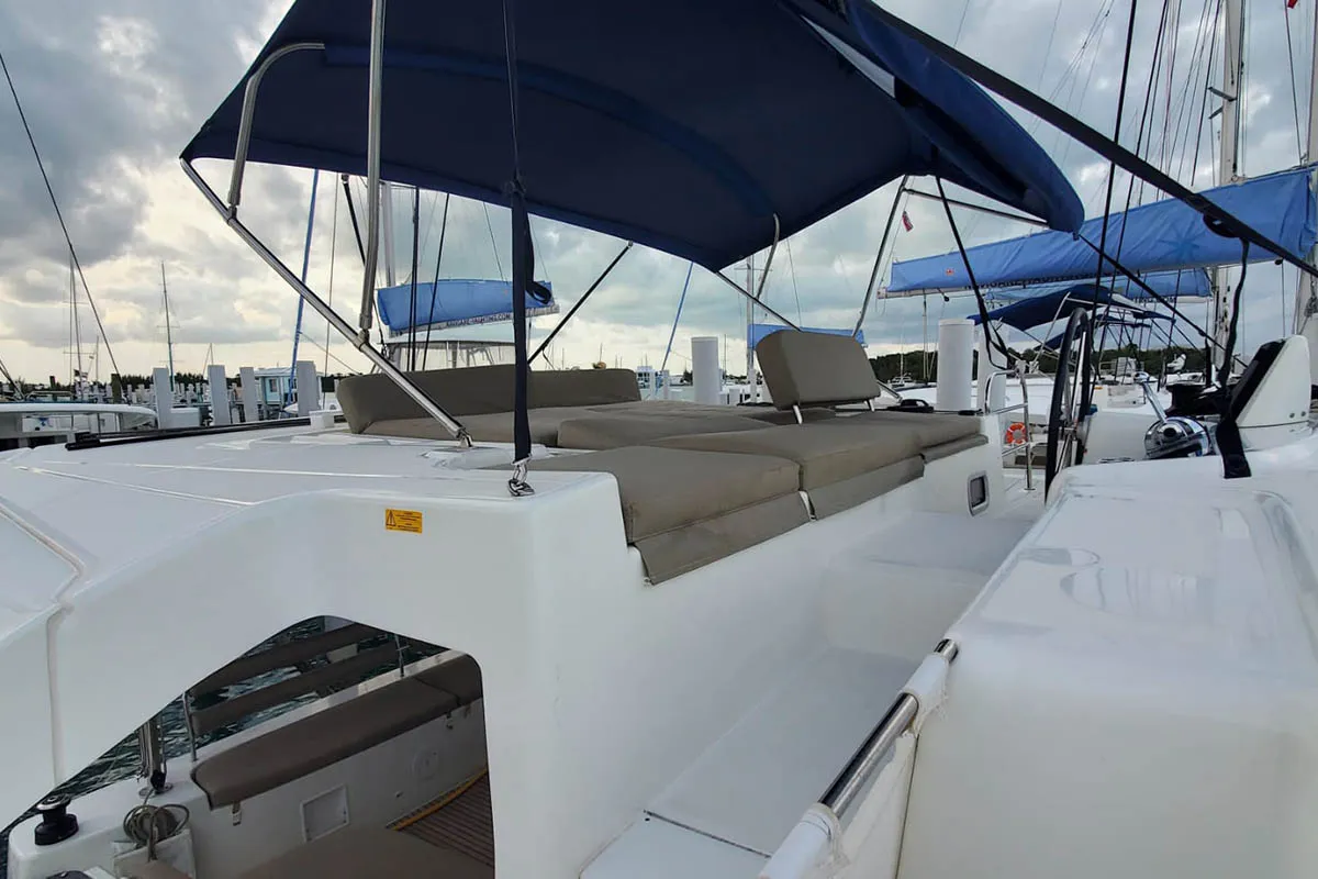 Deck of Sir Jax, a Lagoon 46 catamaran at Central Abaco, Bahamas