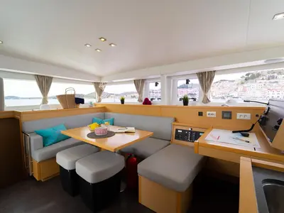 Salon of Secret of Life, a Lagoon 400 S2 catamaran at Grad Šibenik, Croatia