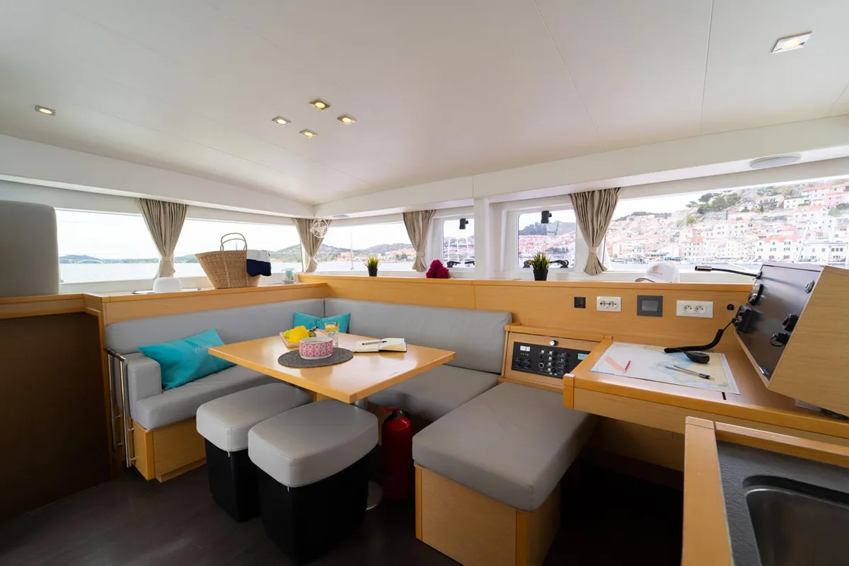 Salon of Secret of Life, a Lagoon 400 S2 catamaran at Grad Šibenik, Croatia