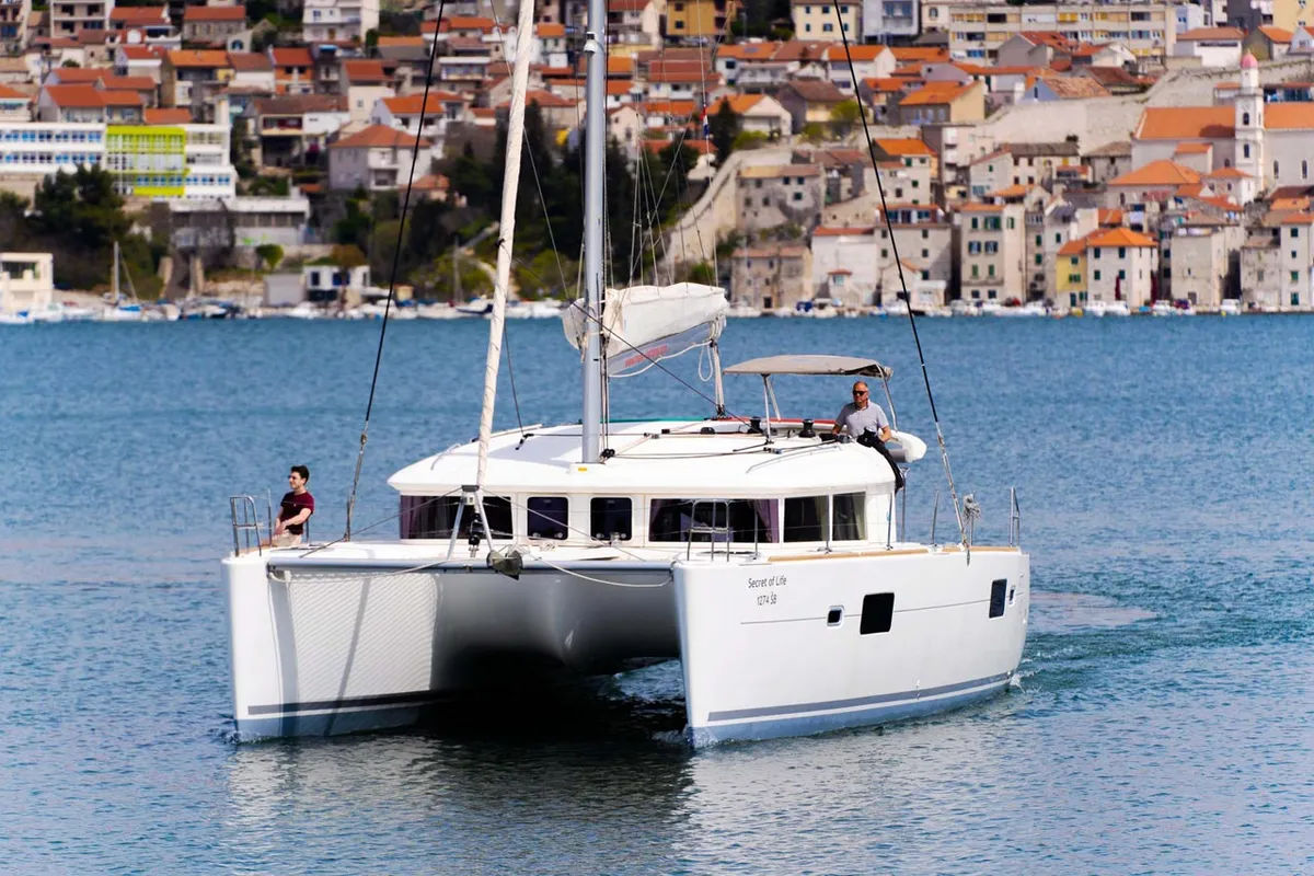 Exterior view of Secret of Life, a Lagoon 400 S2 catamaran at Grad Šibenik, Croatia