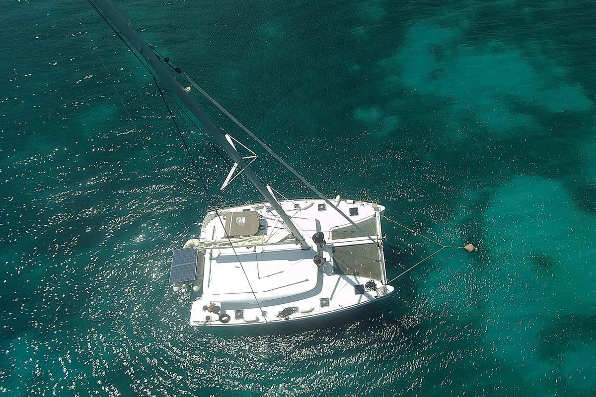 Exterior view of Secret of Life, a Lagoon 400 S2 catamaran at Grad Šibenik, Croatia