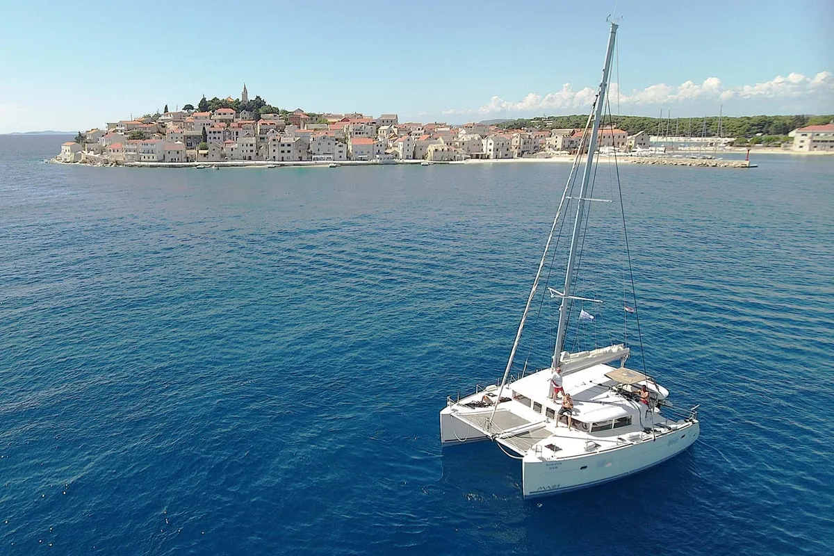 Exterior view of Secret of Life, a Lagoon 400 S2 catamaran at Grad Šibenik, Croatia