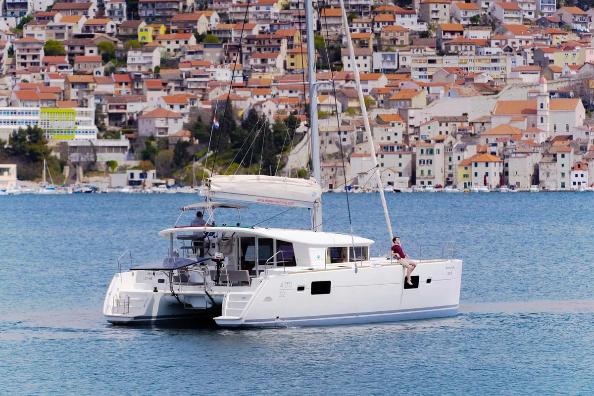 Exterior view of Secret of Life, a Lagoon 400 S2 catamaran at Grad Šibenik, Croatia