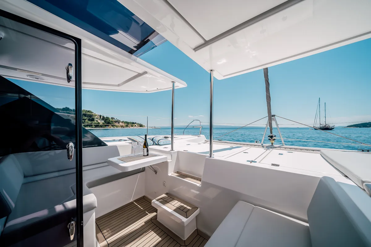 Deck of LADY AMANDA, a Leopard 50 catamaran at Jezera, Croatia