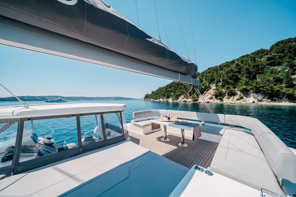 Deck of LADY AMANDA, a Leopard 50 catamaran at Jezera, Croatia