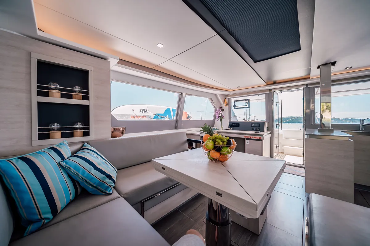 Salon of LADY AMANDA, a Leopard 50 catamaran at Jezera, Croatia