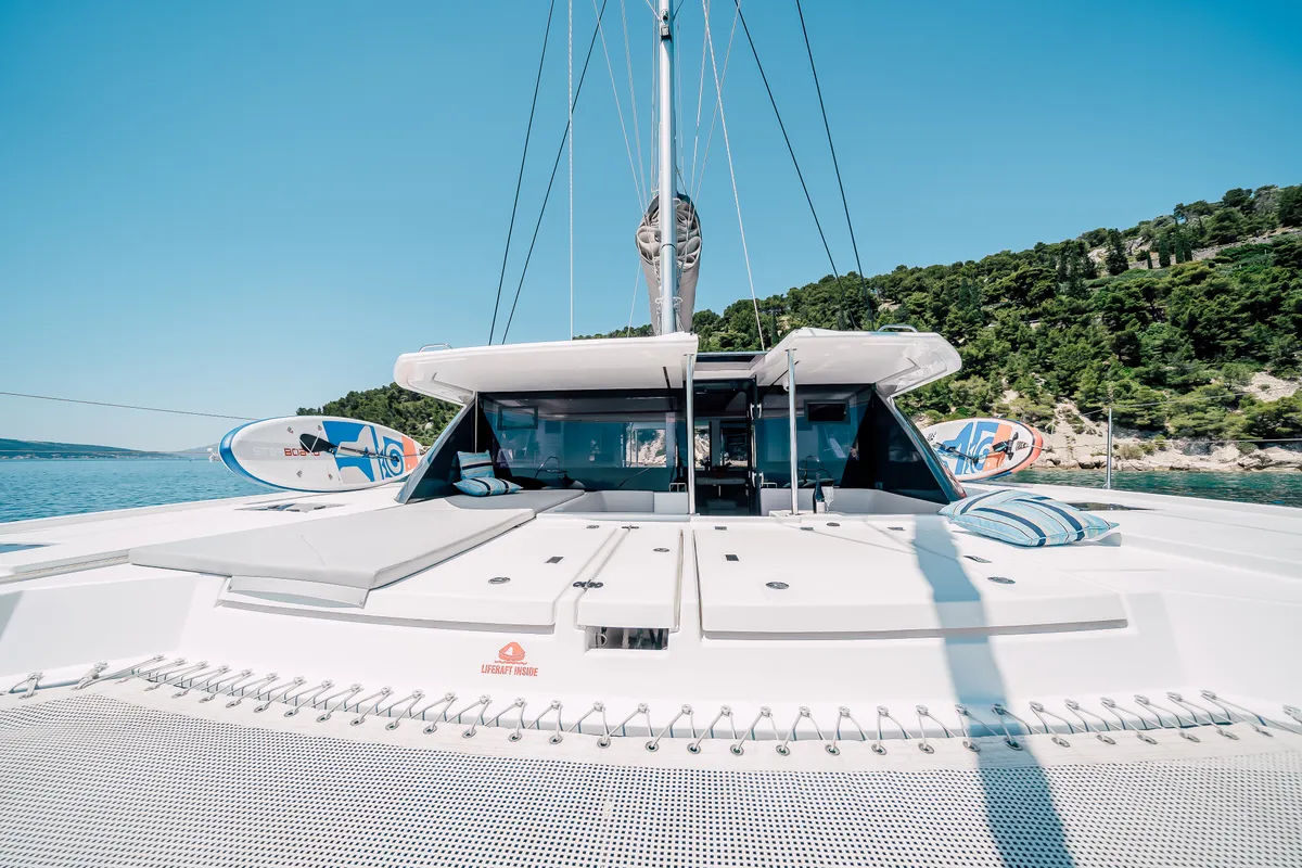 Deck of LADY AMANDA, a Leopard 50 catamaran at Jezera, Croatia