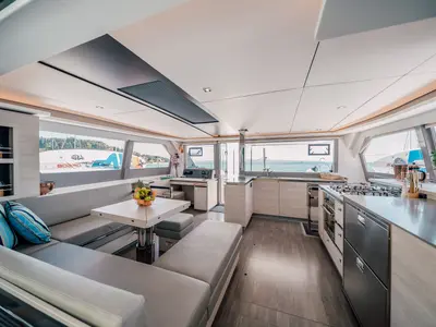 Galley of LADY AMANDA, a Leopard 50 catamaran at Jezera, Croatia