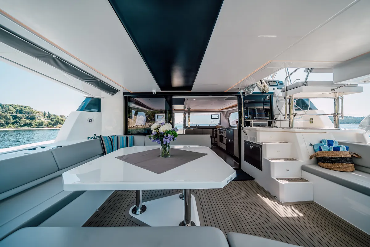 Deck of LADY AMANDA, a Leopard 50 catamaran at Jezera, Croatia