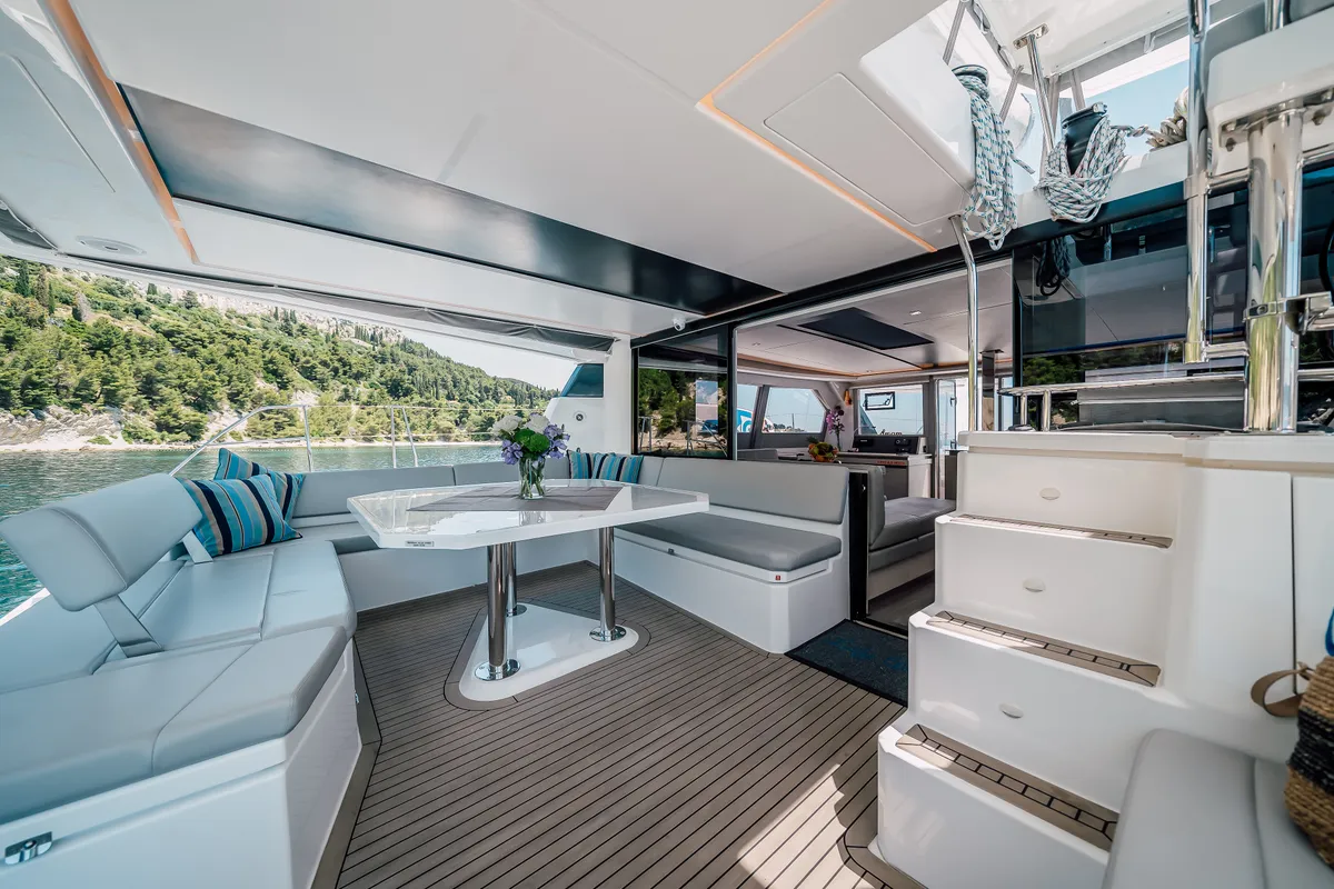 Deck of LADY AMANDA, a Leopard 50 catamaran at Jezera, Croatia