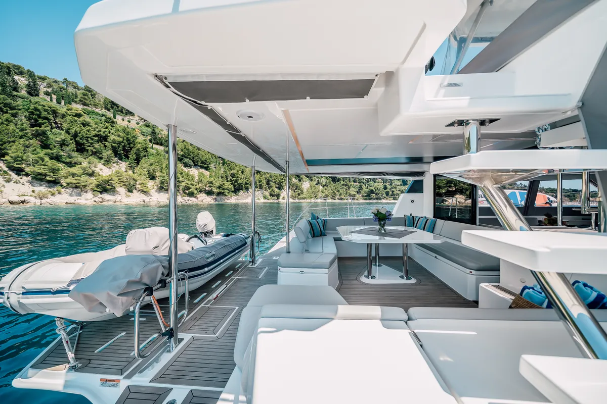 Deck of LADY AMANDA, a Leopard 50 catamaran at Jezera, Croatia