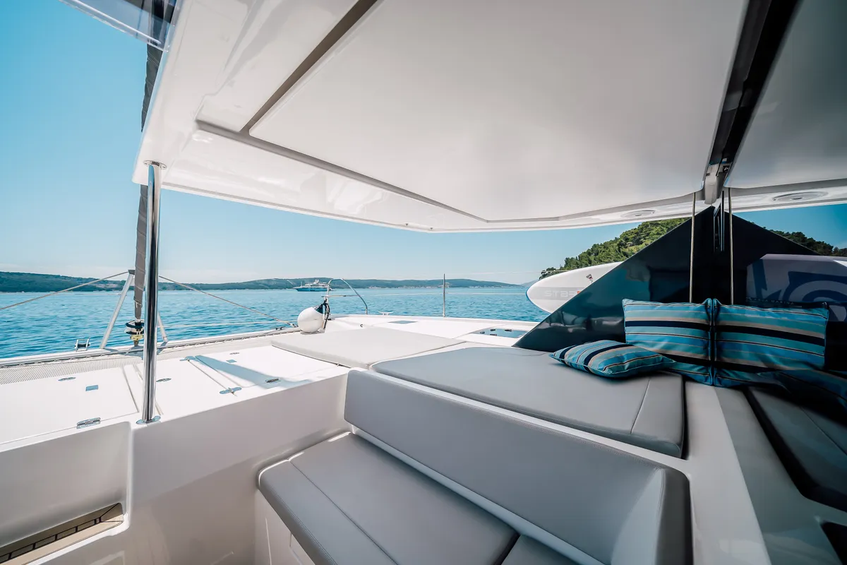 Deck of LADY AMANDA, a Leopard 50 catamaran at Jezera, Croatia