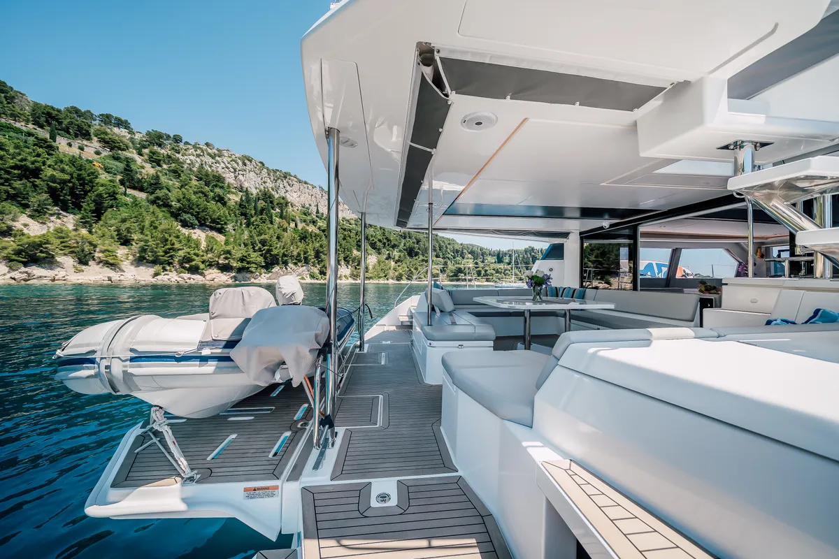 Deck of LADY AMANDA, a Leopard 50 catamaran at Jezera, Croatia