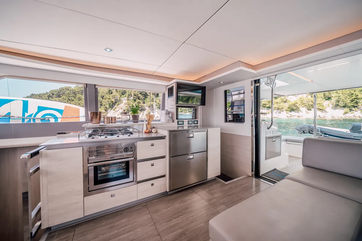 Galley of LADY AMANDA, a Leopard 50 catamaran at Jezera, Croatia