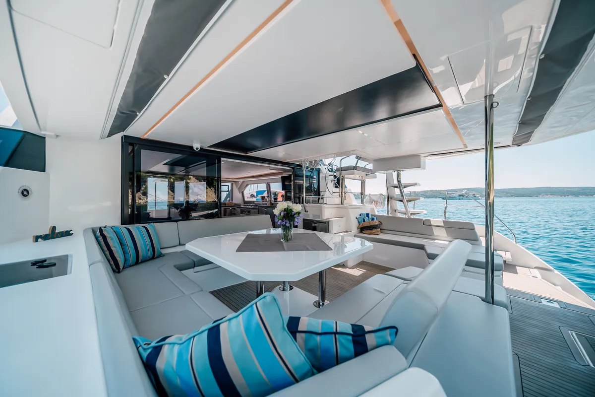 Deck of LADY AMANDA, a Leopard 50 catamaran at Jezera, Croatia