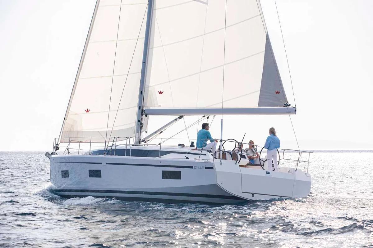 Exterior view of Fortuna, a Bavaria C42 sailboat at Punat, Croatia