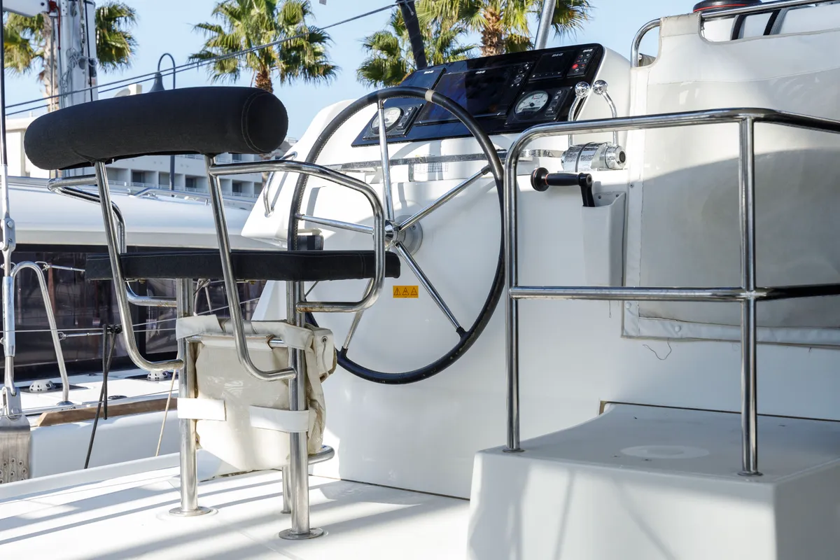 Cockpit of Blade, a Lagoon 42 catamaran at Kos, Greece
