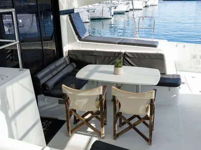 Salon of Blade, a Lagoon 42 catamaran at Kos, Greece