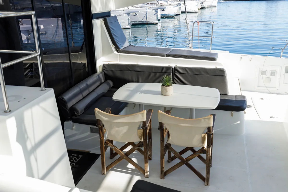 Salon of Blade, a Lagoon 42 catamaran at Kos, Greece