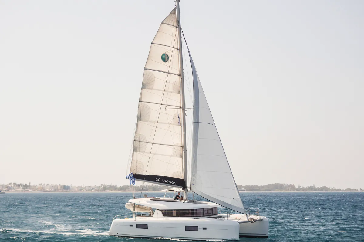 Exterior view of Blade, a Lagoon 42 catamaran at Kos, Greece