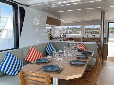 Salon of Christeol, a Bali 4.2 catamaran at Cannes, France