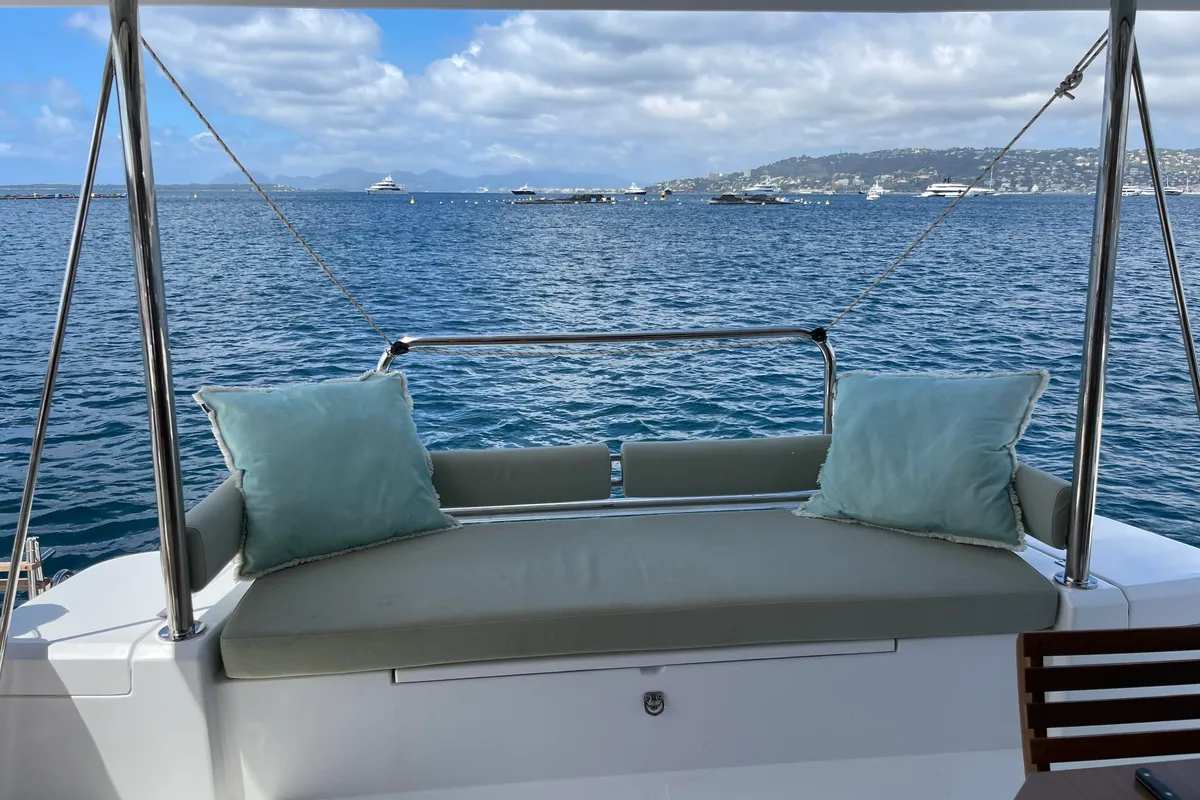 Deck of Christeol, a Bali 4.2 catamaran at Cannes, France