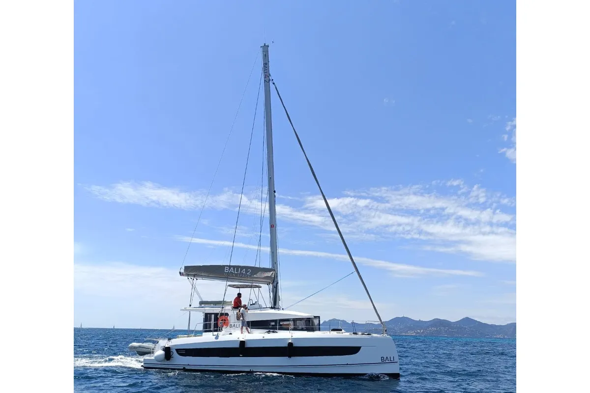 Exterior view of Christeol, a Bali 4.2 catamaran at Cannes, France