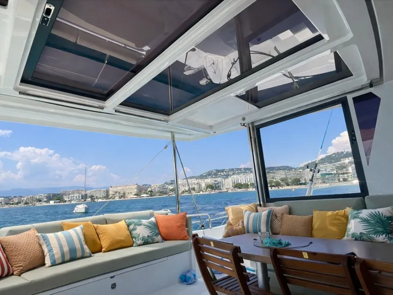 Deck of Christeol, a Bali 4.2 catamaran at Cannes, France